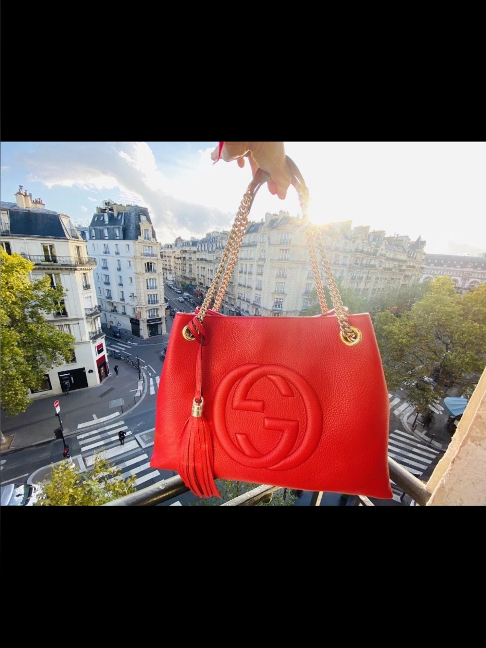 Gucci Red Pebbled Leather Shoulder Bag with Tassel and Chain Straps - Picture 7 of 10